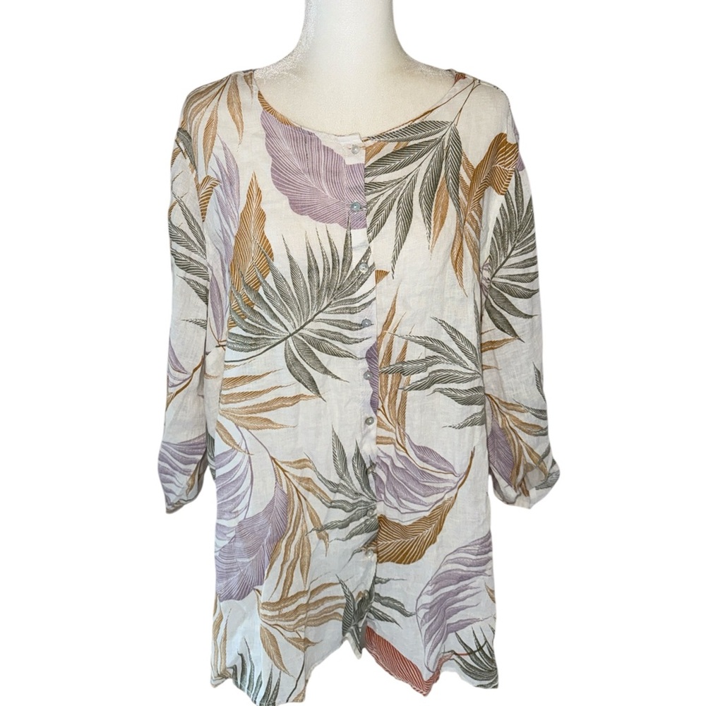 TAHARI 100% Linen Button Down Tunic Top 3X Plus Tropical Floral, NWT